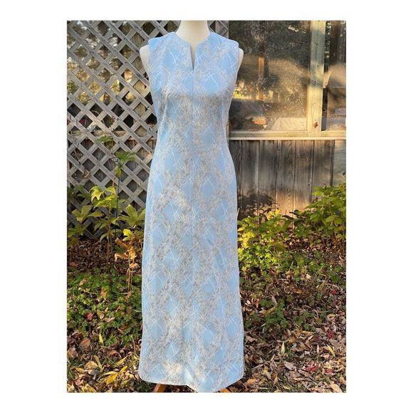 Vintage 50s Metallic Ice Blue Formal Gown Dress Maxi Silver Threads Cheongsam - Picture 1 of 14